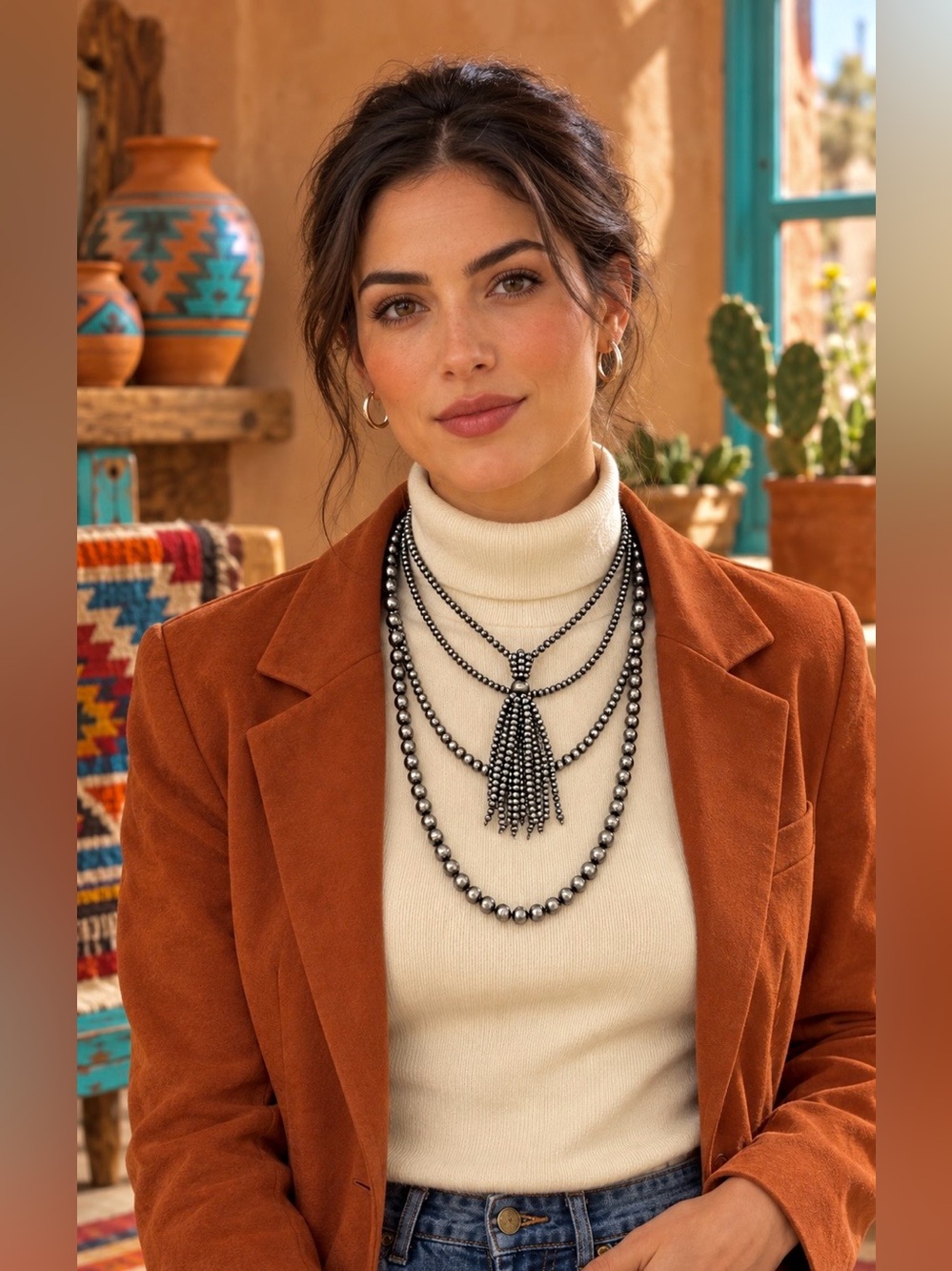 Southwest Western Navajo Pearl Inspired Tassel Beaded Costume Necklace Set - Picture 3 of 6